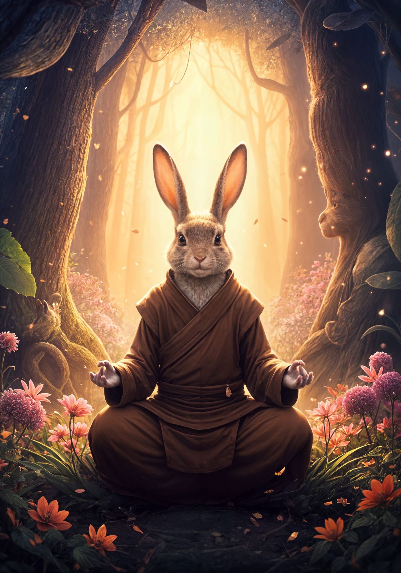 Meditating Rabbit Monk in Magical Forest