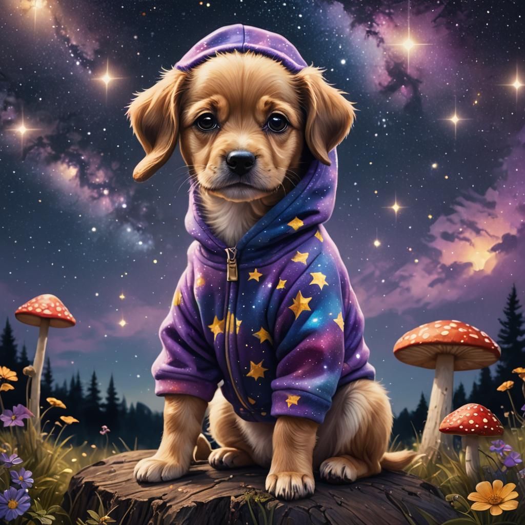 Puppy in Onesie Under Starry Sky: Digital Matte Painting