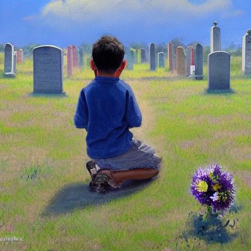 Boy at Tombstone in Cemetery as Oil Painting