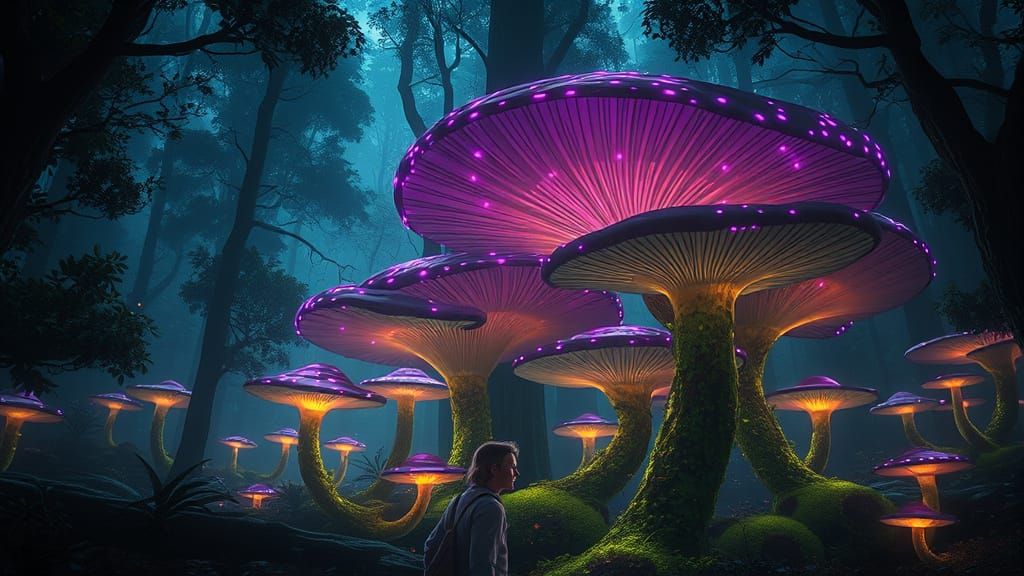 Glowing Fungal Forest Under Celestial Wonders