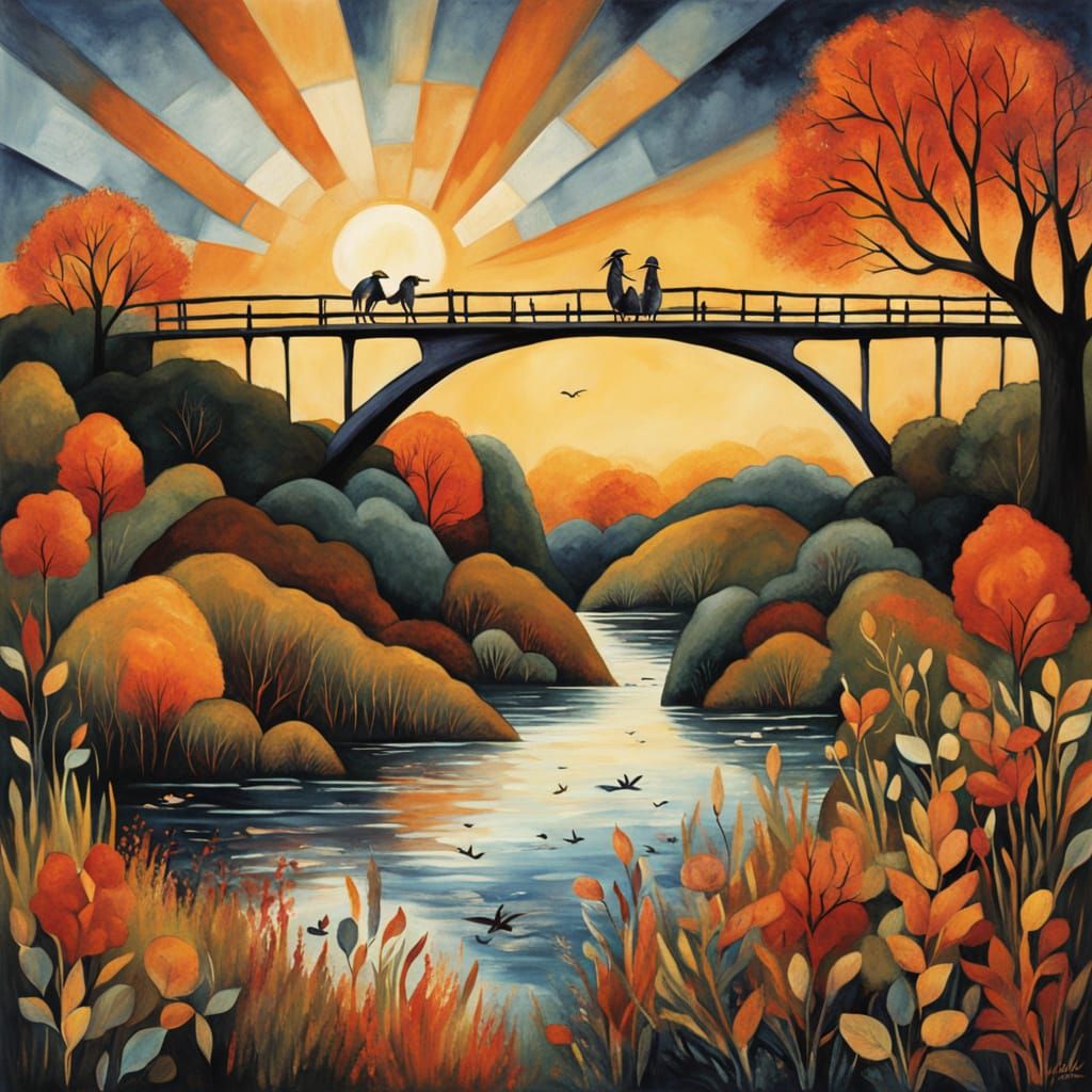 River Witch Amidst Smoking Bridge in Acrylic Watercolor