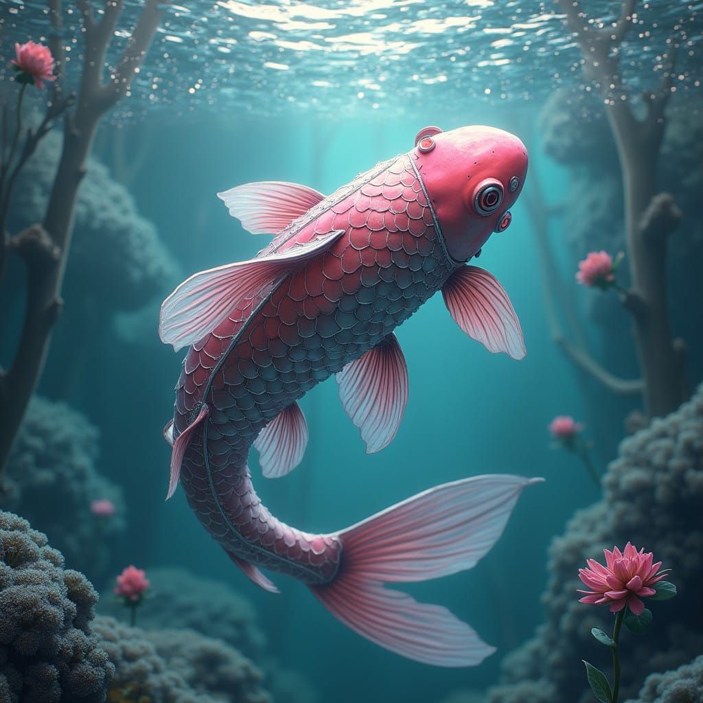 Enchanted Biomechanical Koi in Art Nouveau Dreamscape