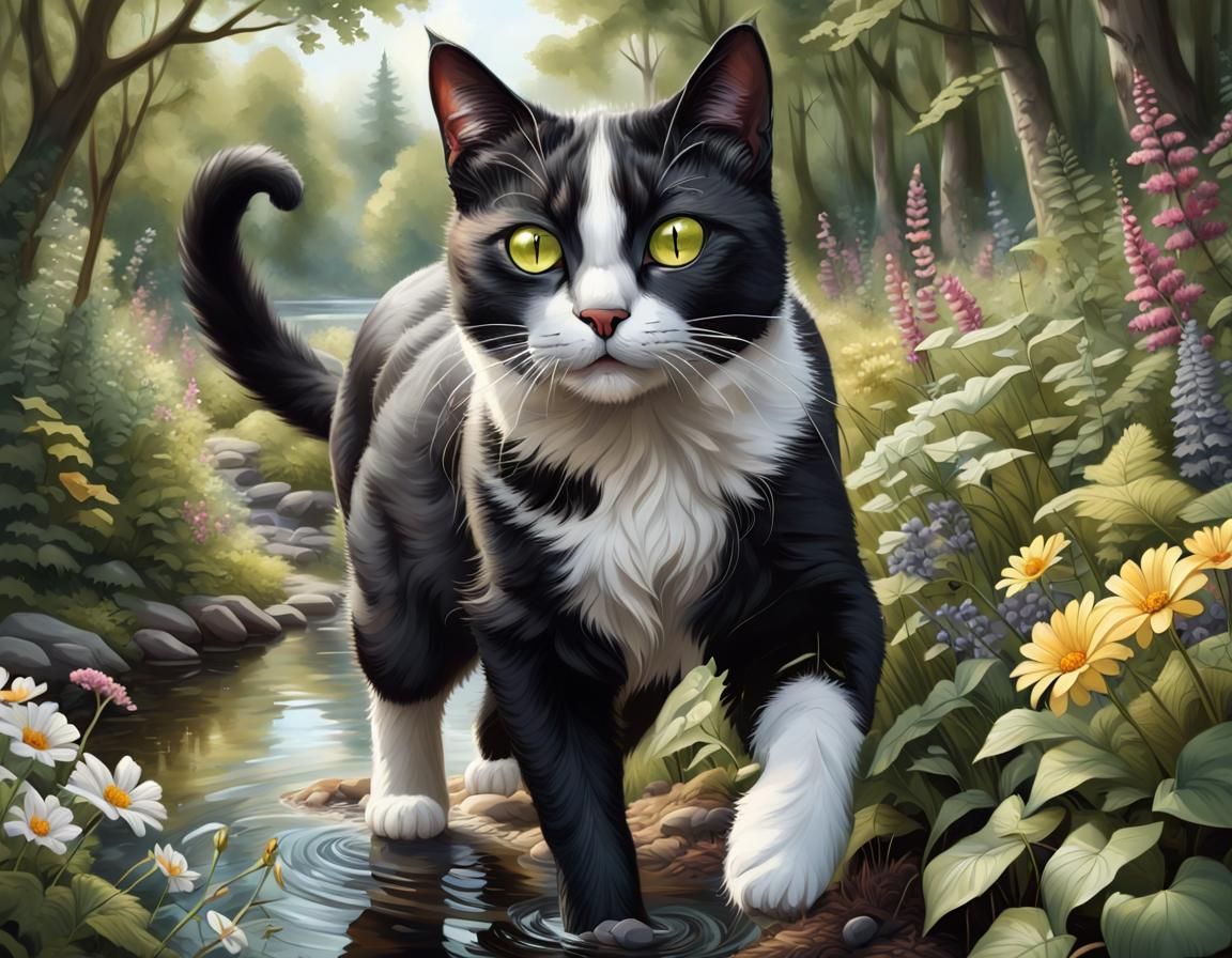 Detailed Portrait of Black and White Cat in Forest