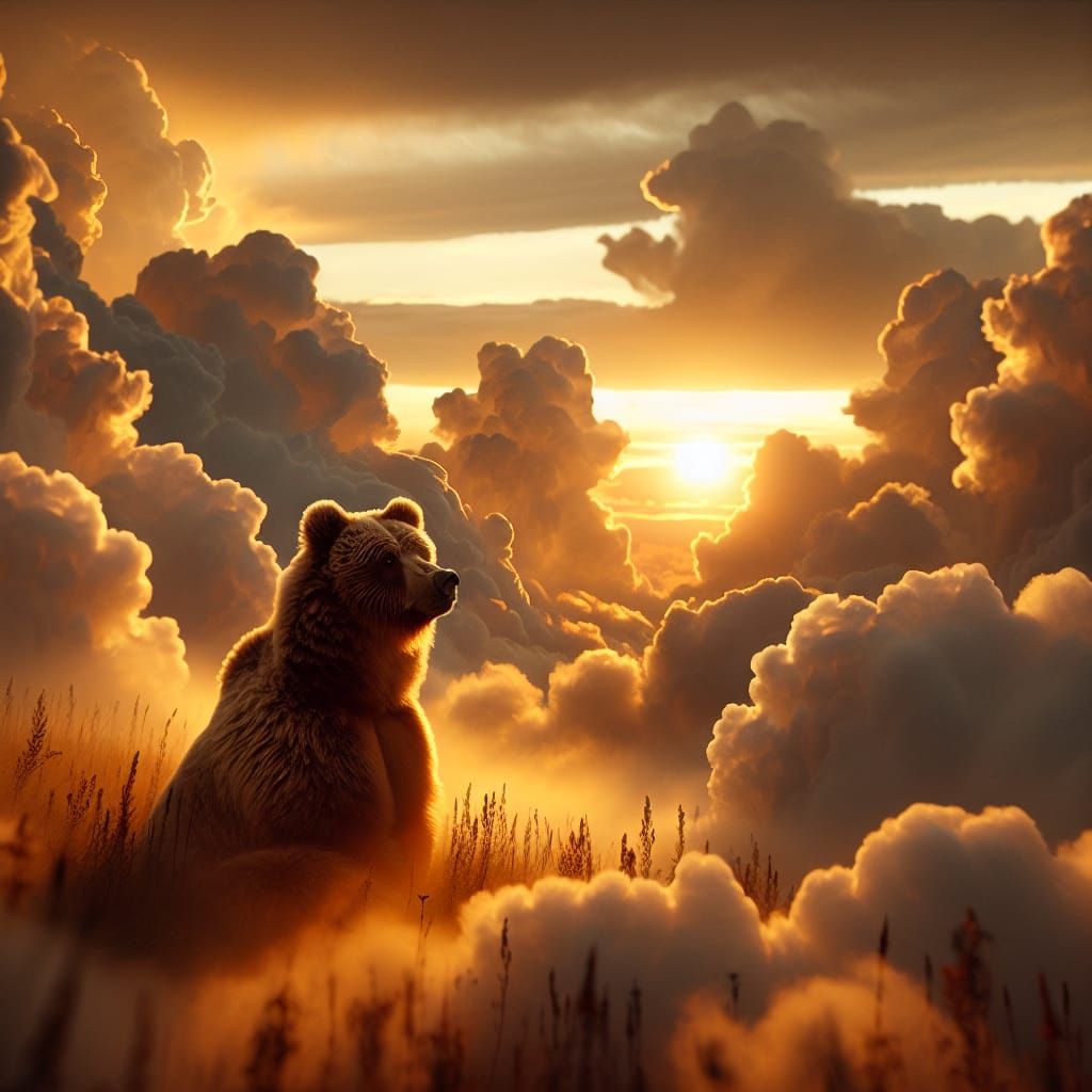 Golden Sunset Silhouette: Brown Bear in Dreamy Clouds