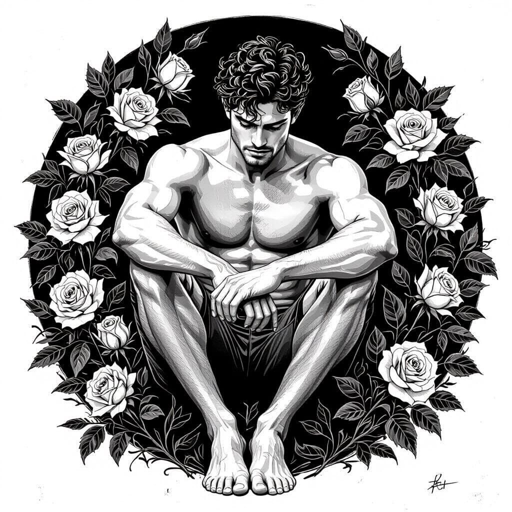 Gay Males with Mother Earth Blossoms: Black and White Drawin...