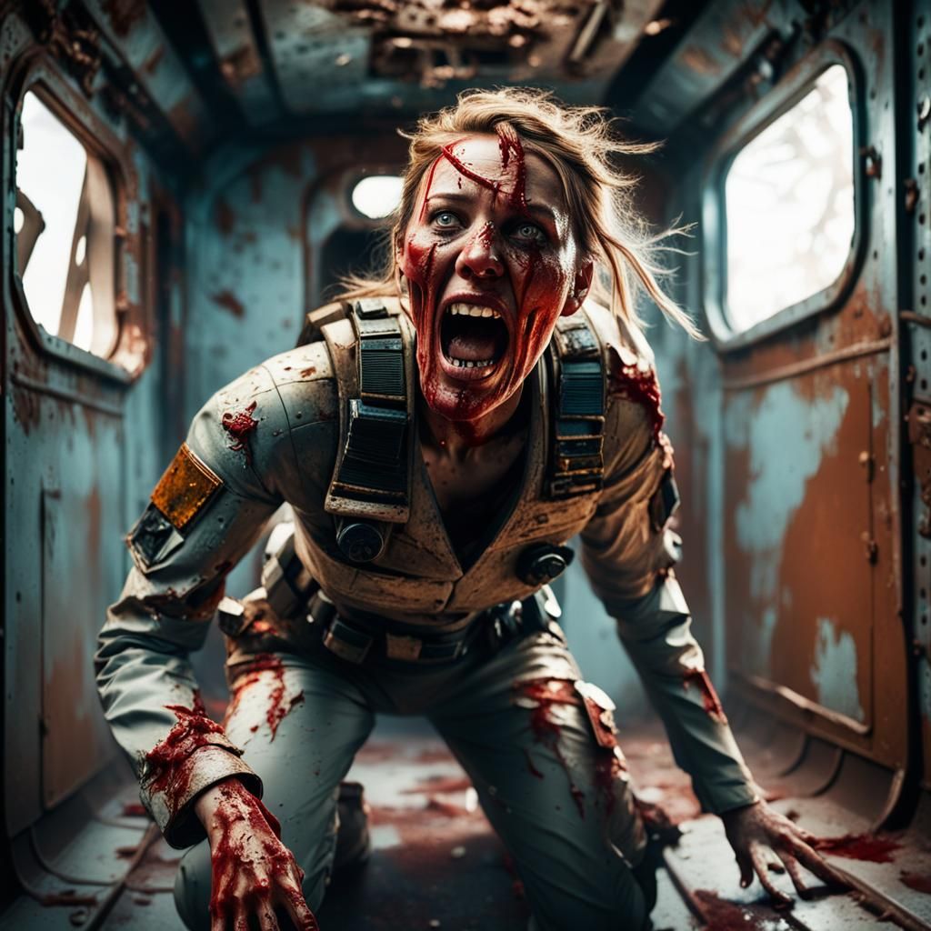 Young woman in torn and tattered battle uniform, screams in horror as bloodied hand crawls across deck, in rusted bathro...