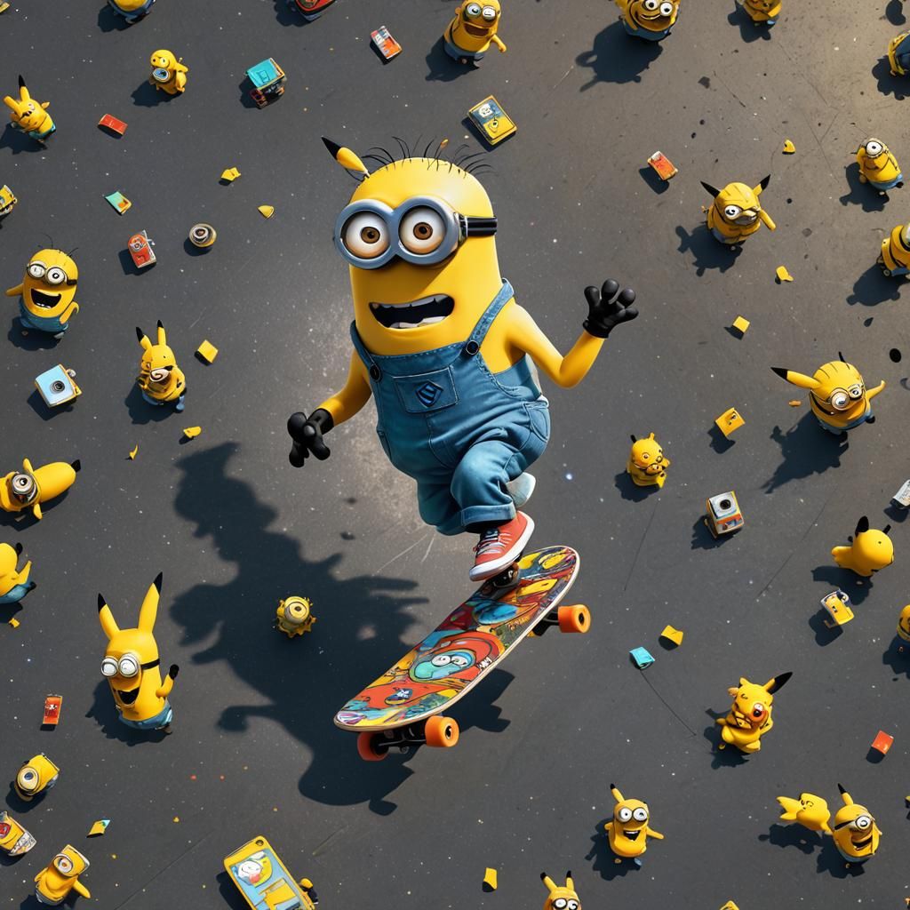 Minion, Pikachu, and Homer Simpson in Space