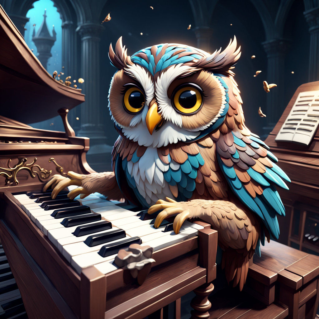 Whimsical Owl Enchants with Piano Magic in Vibrant Fantasy L...