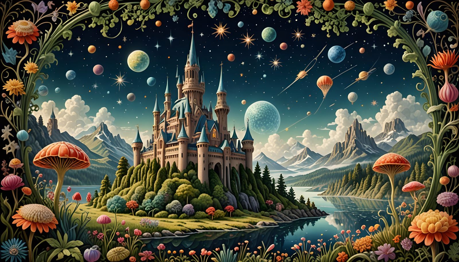 Art Deco Tapestry Castle Under Starry Sky