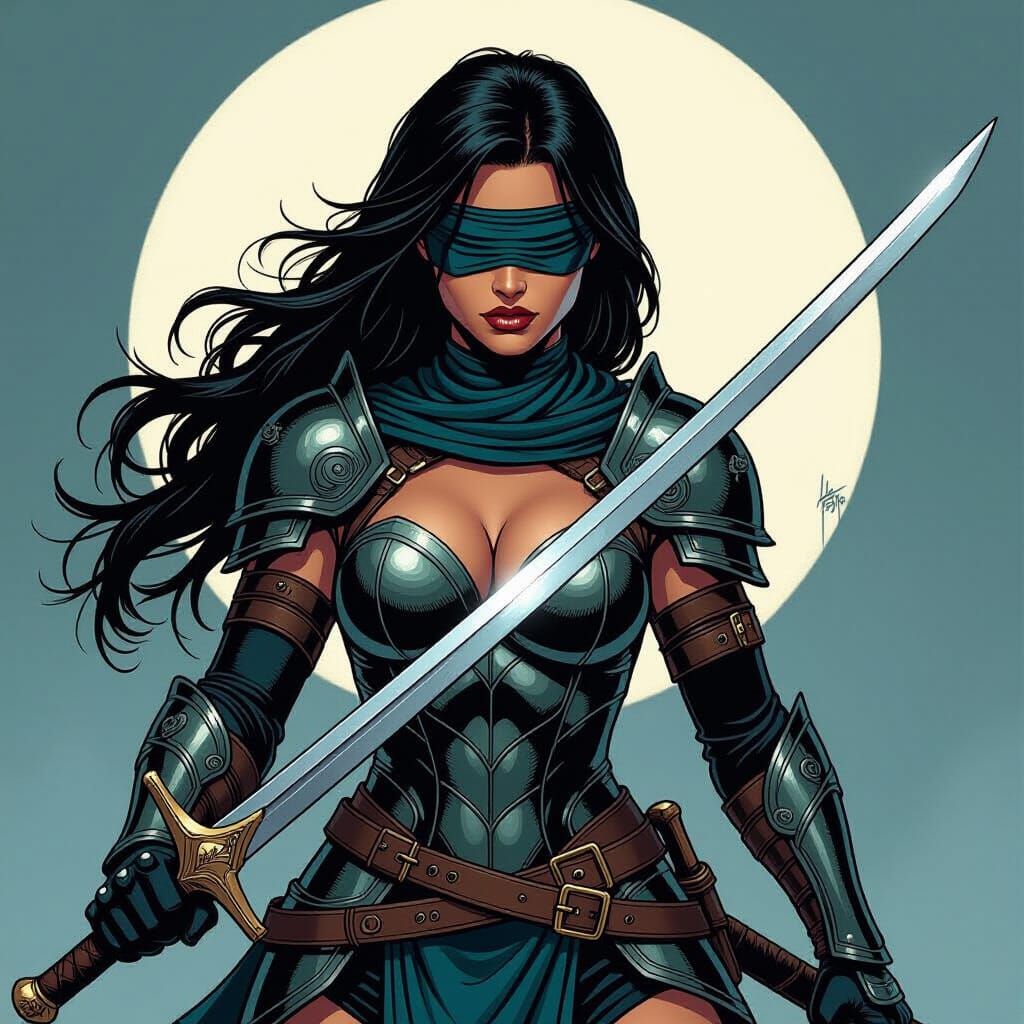 Armored Blindfolded Warrior in Comic Book Style