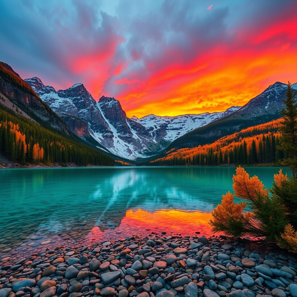 Vibrant Rocky Mountains Sunset in Hyperrealistic Color