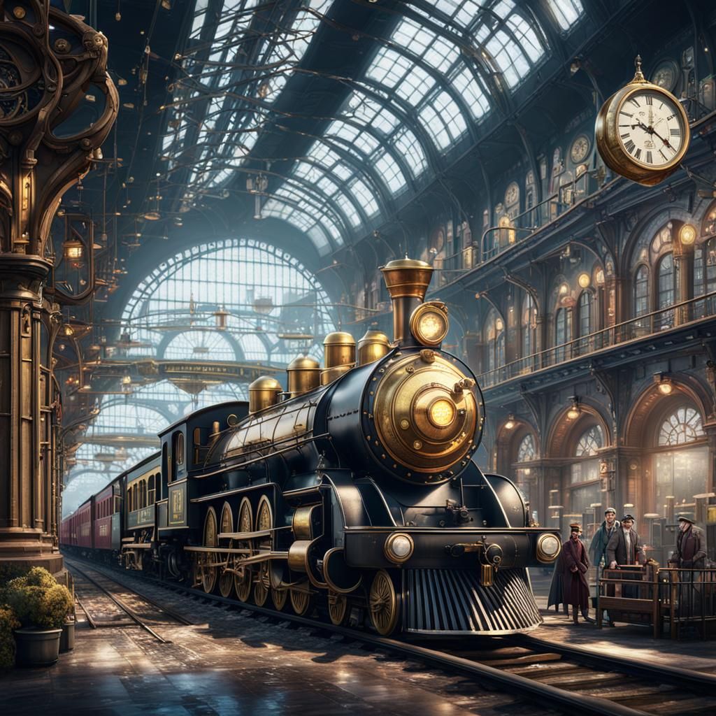 Steampunk Train Station with Happy Families