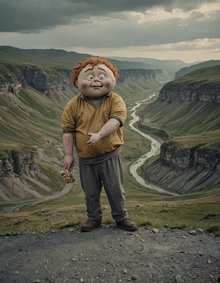 Humorous Fat Boy in Valley: Cinematic Film Still