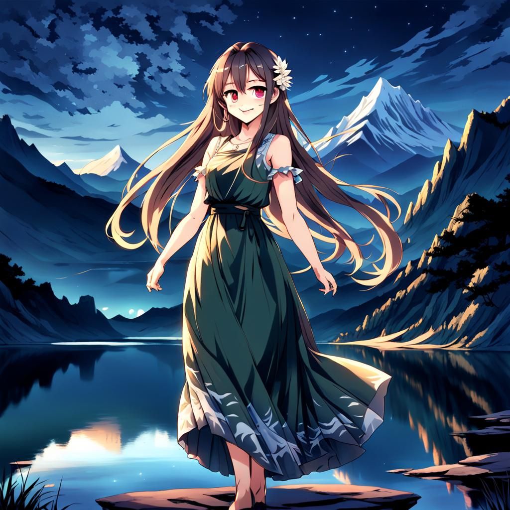 Smiling Girl by Lake at Night in Anime Style