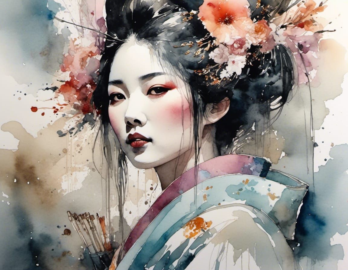 Detailed Watercolor Portrait of a Beautiful Geisha