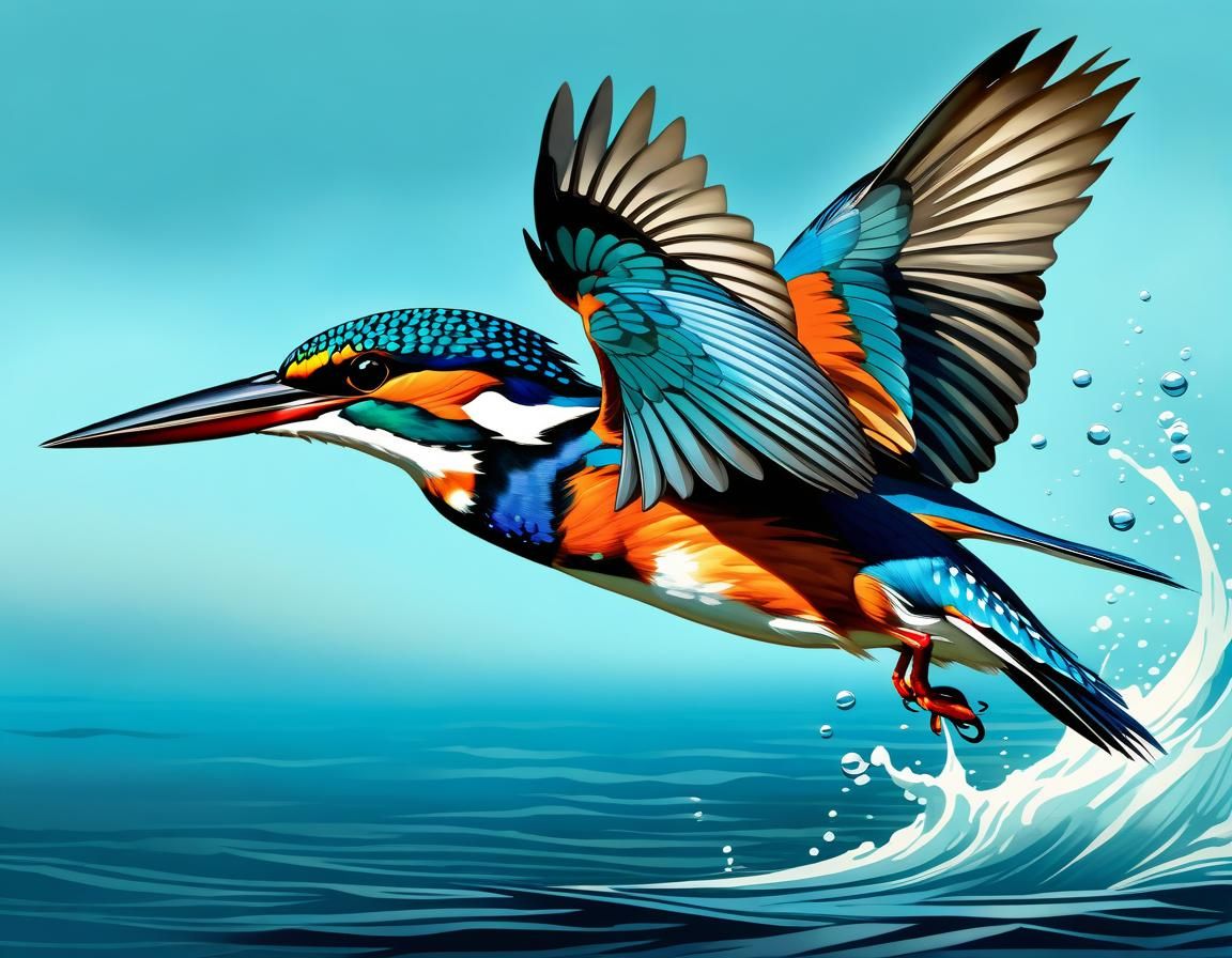Kingfisher Catches Fish: Digital Watercolor Illustration