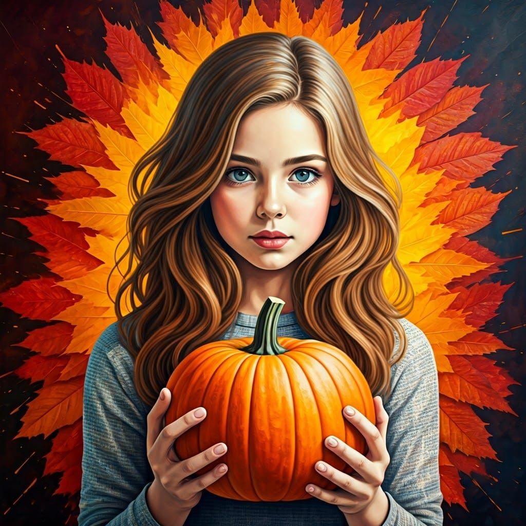 Girl with Pumpkin Autumn Collage Splash Art