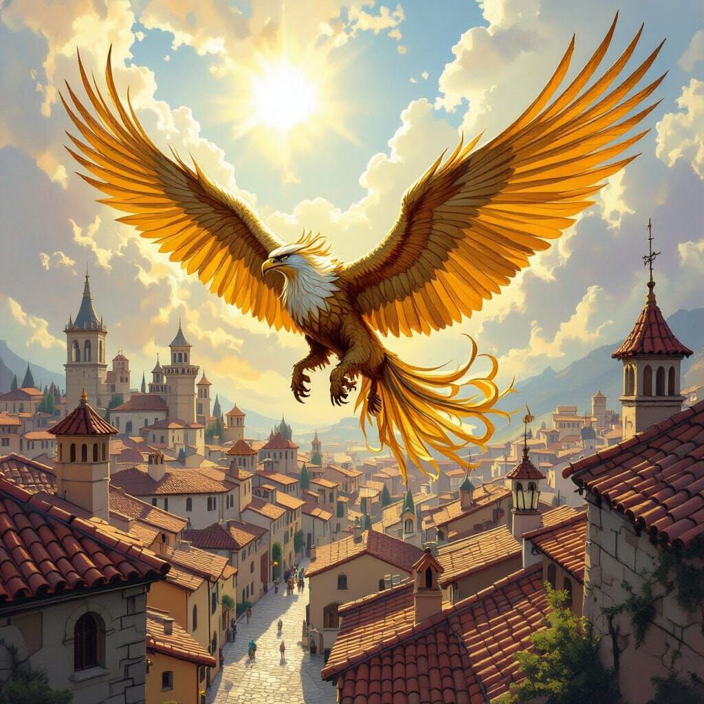 Griffin Soaring Above Medieval City in Fantasy Style