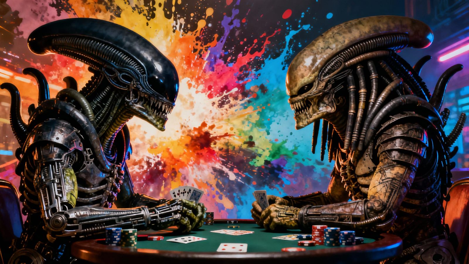 Alien and Predator Play Poker in Dramatic Lighting