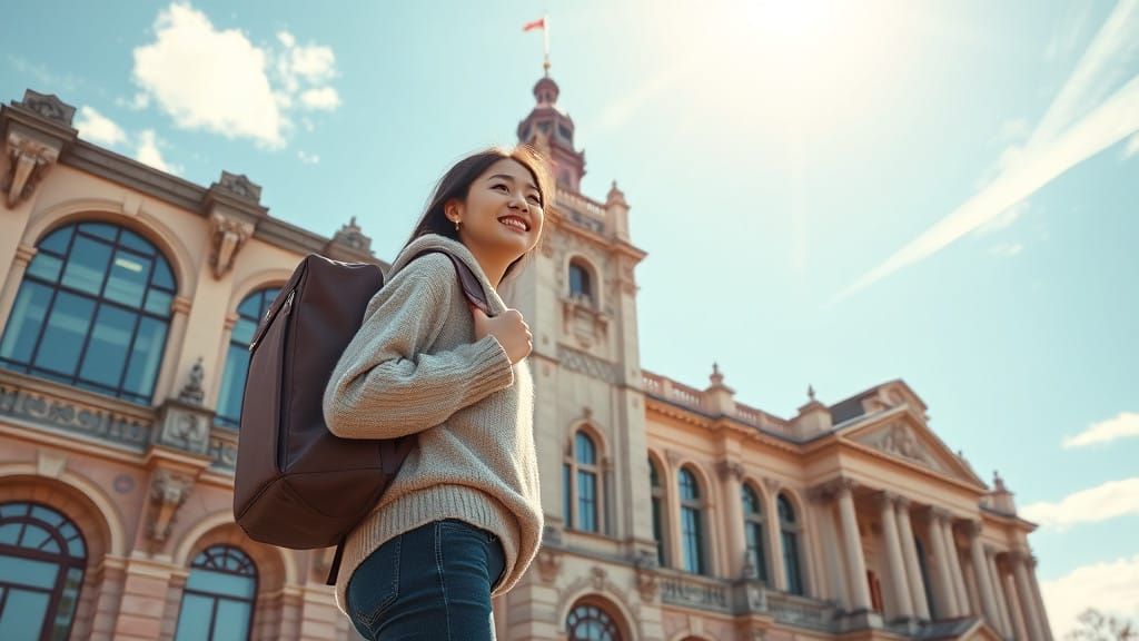 Young Asian Student Admires University's Historic Façade in....
