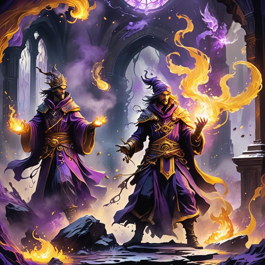 Wizards Duel with Elemental Spells in Art Nouveau Style
