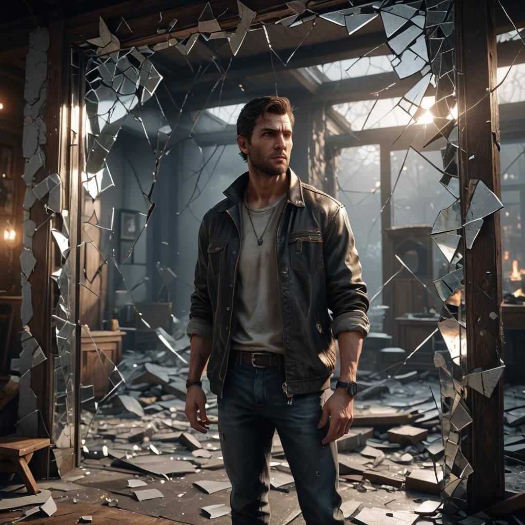 Cracked Mirror Reflection: 3D Game Cinematic