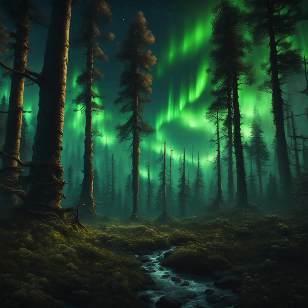 Enchanted Forest Under Northern Lights: Fantasy Concept Art