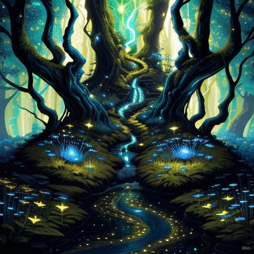 Bioluminescent Forest Stream at Night: Fantasy Acrylic Art