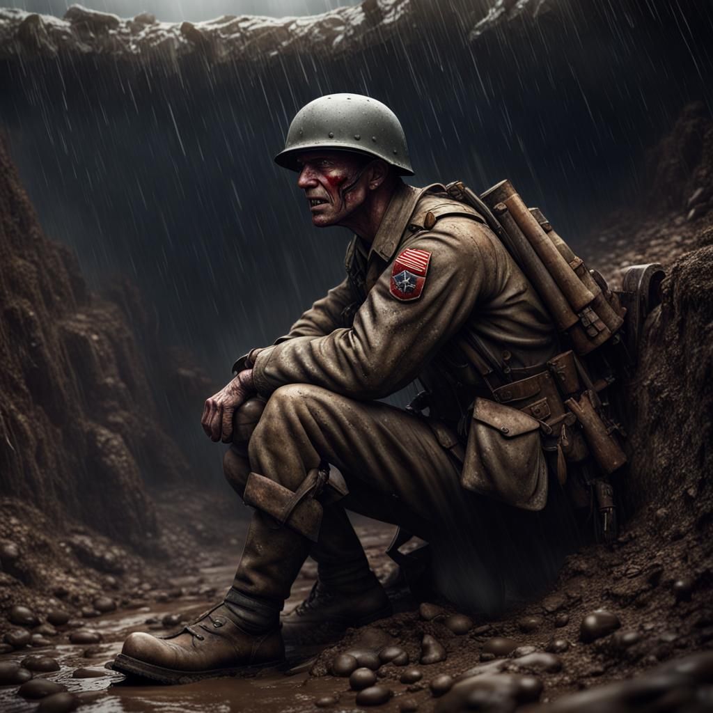 WWII Soldier Crying in Trench: Matte Painting