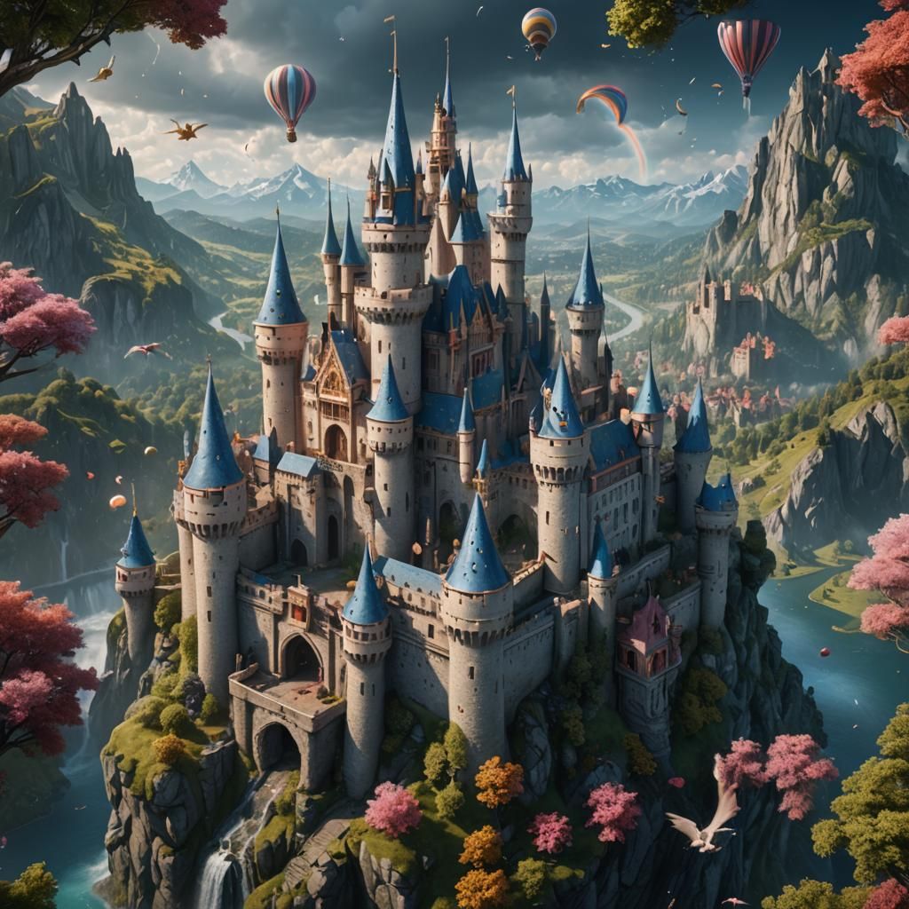 Fantasy Castle with Unicorns: Detailed Matte Painting