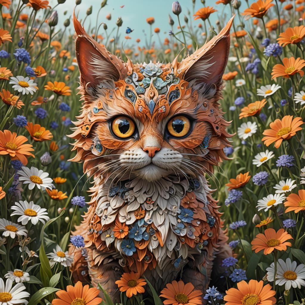 Cat in Flower Field: Fractal Fantasy Art