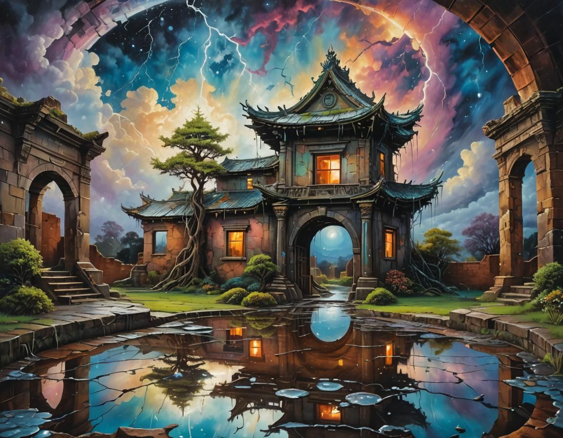 Cosmic Reflection in Oil: Surreal Stargate Scene