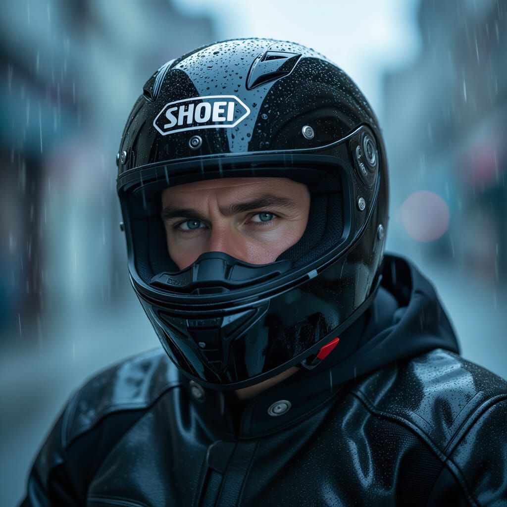 A professional portrait of a male biker in the rain, shown f...