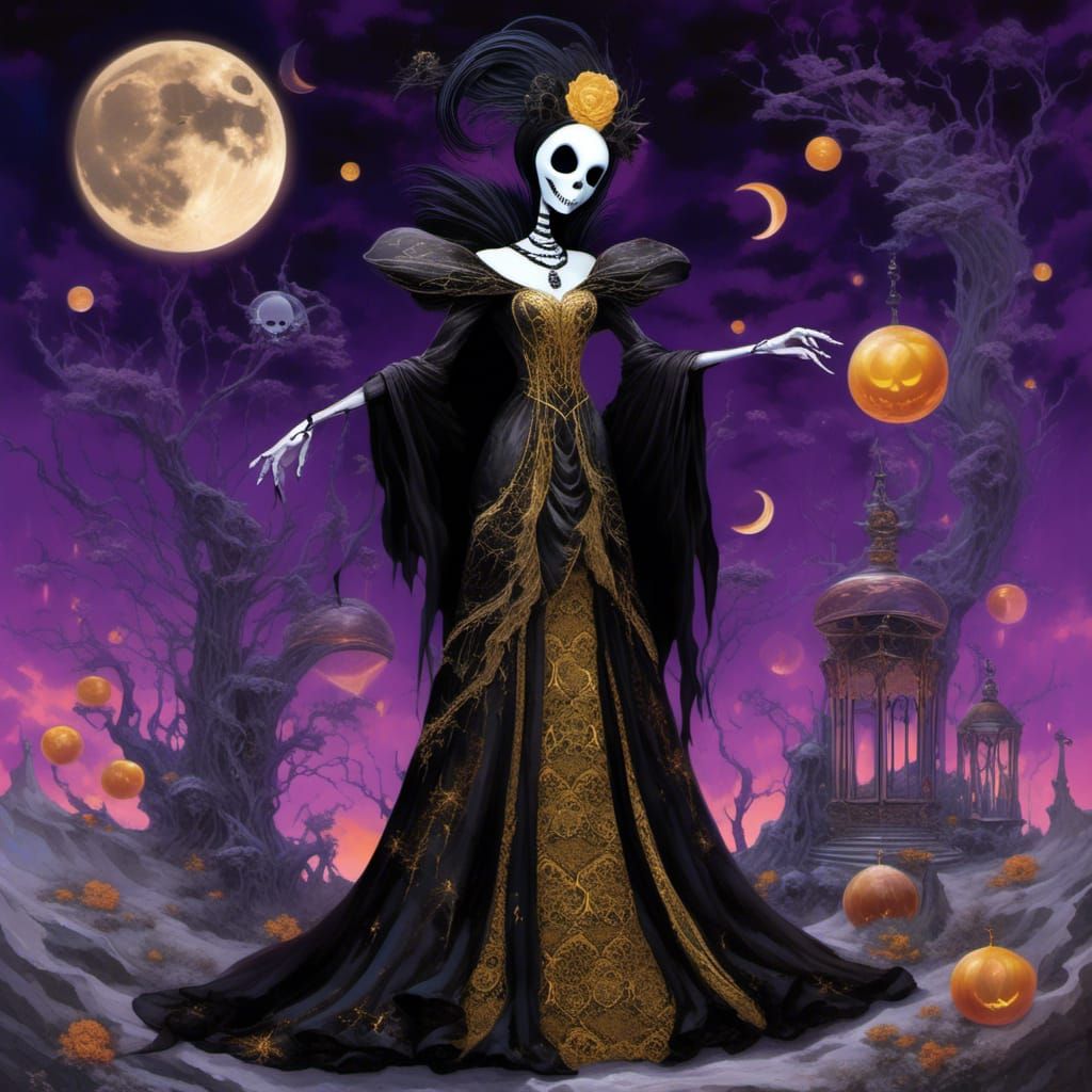 A whimsical digital collage featuring a central sorceress in...