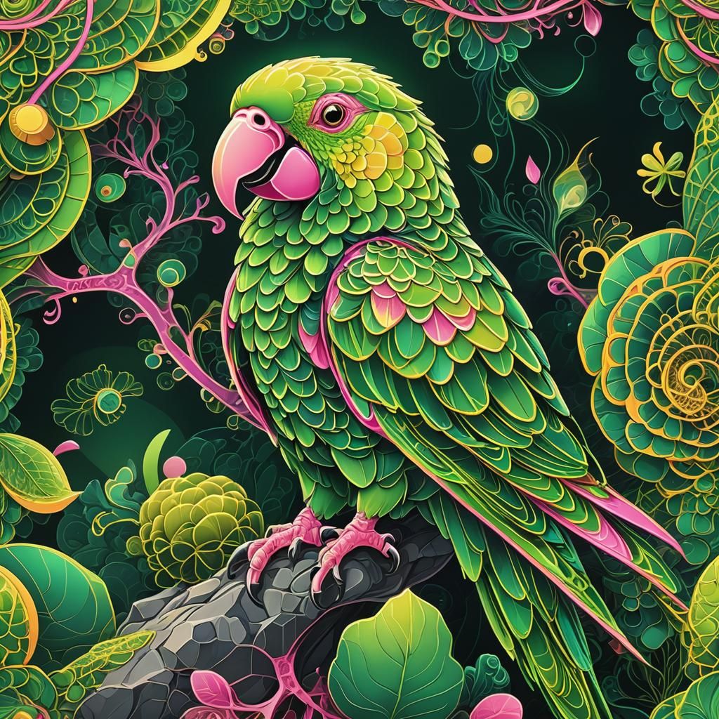 Neon Green Parrot Fractal Art in Psychedelic Style