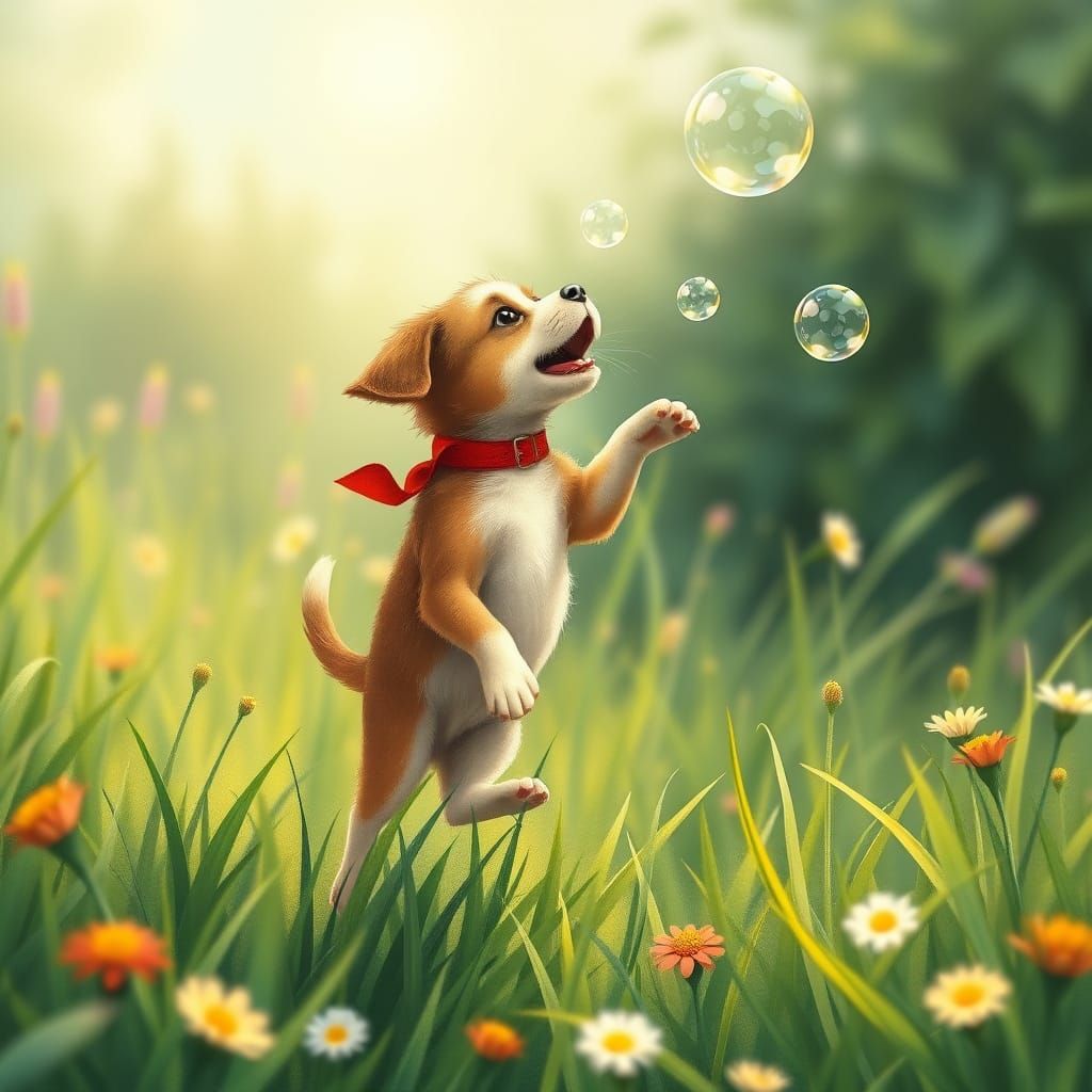 Playful Puppy's Bubble Chase: Whimsical Illustration