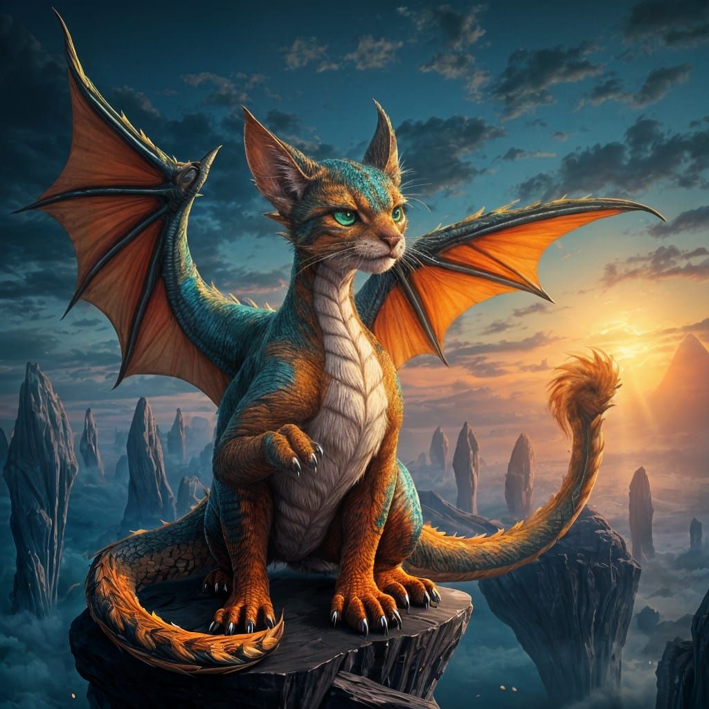 Multicolored Dragon-Cat Hybrid: Elegance, Ferocity, Whimsy