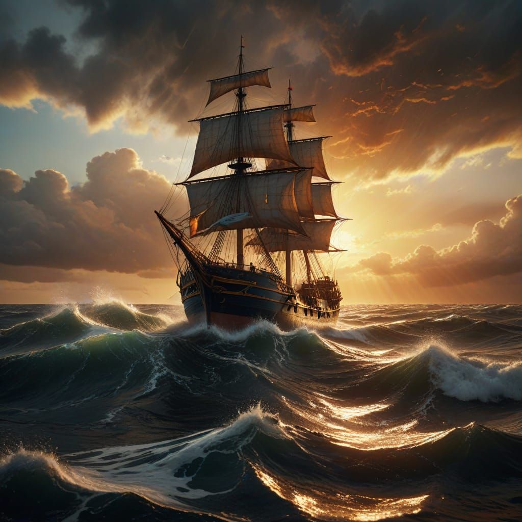 Golden Sunset Ship Sailing Through Stormy Waves