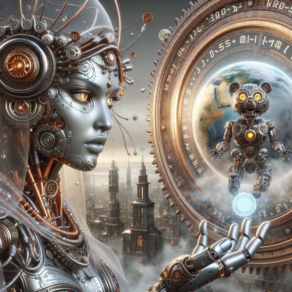 Android Mage vs Robot Bear in Steampunk City