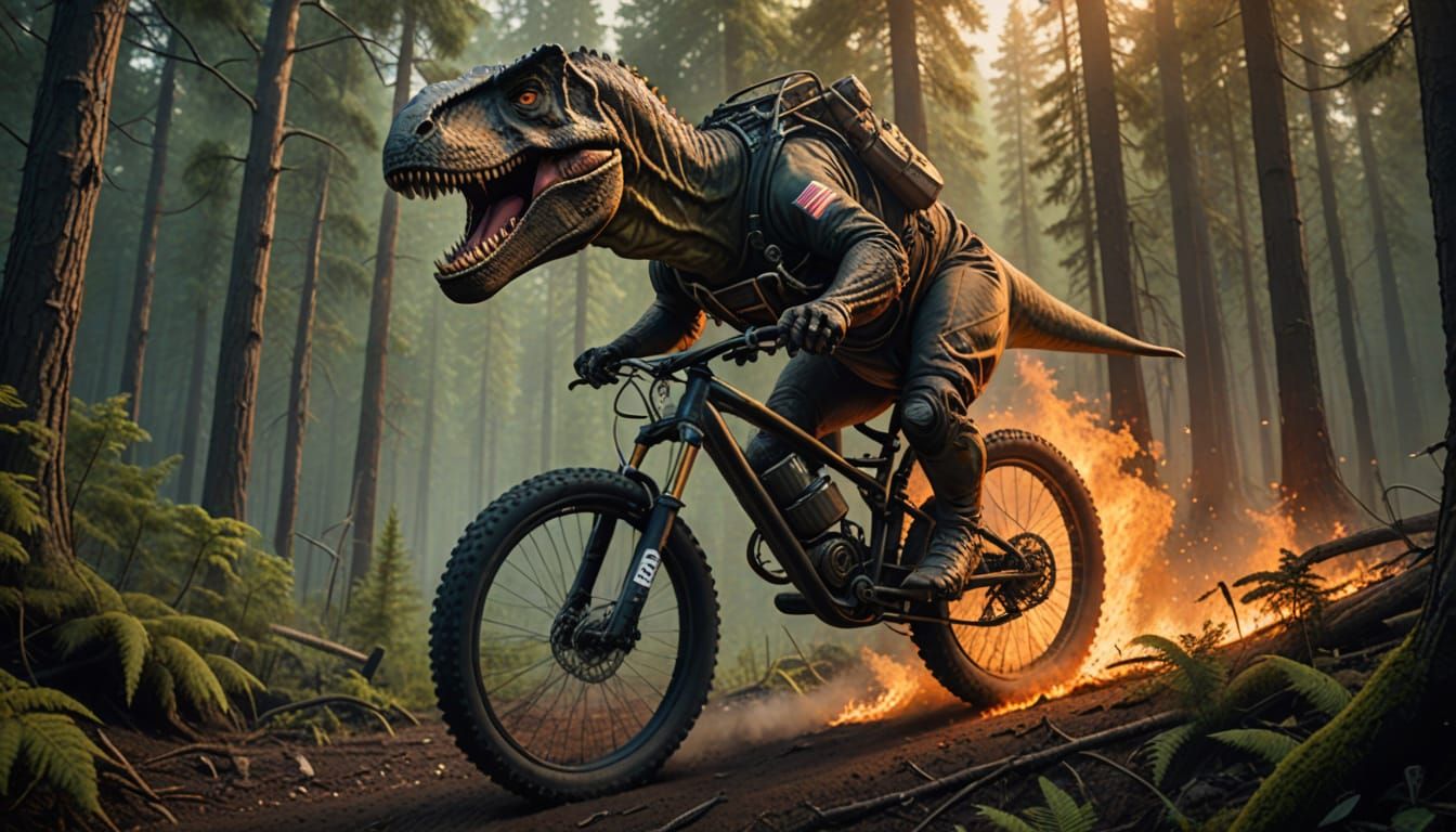 Tyrannosaurus Rex Rides Mountain Bike Through Burning Forest...
