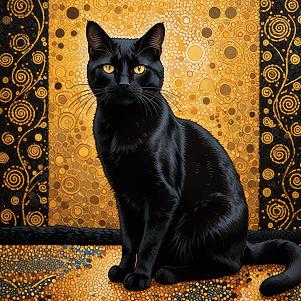 Black Cat in Klimt Style with Golden Patterns