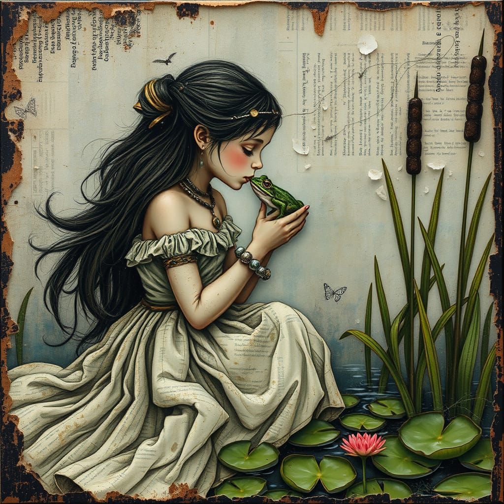 Princess Kisses Frog in Grunge Glitchcore Art