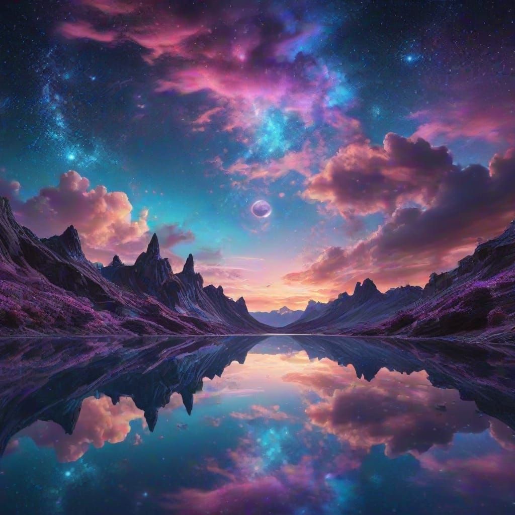 Cosmic Lake Reflecting Nebulae in Surreal Style