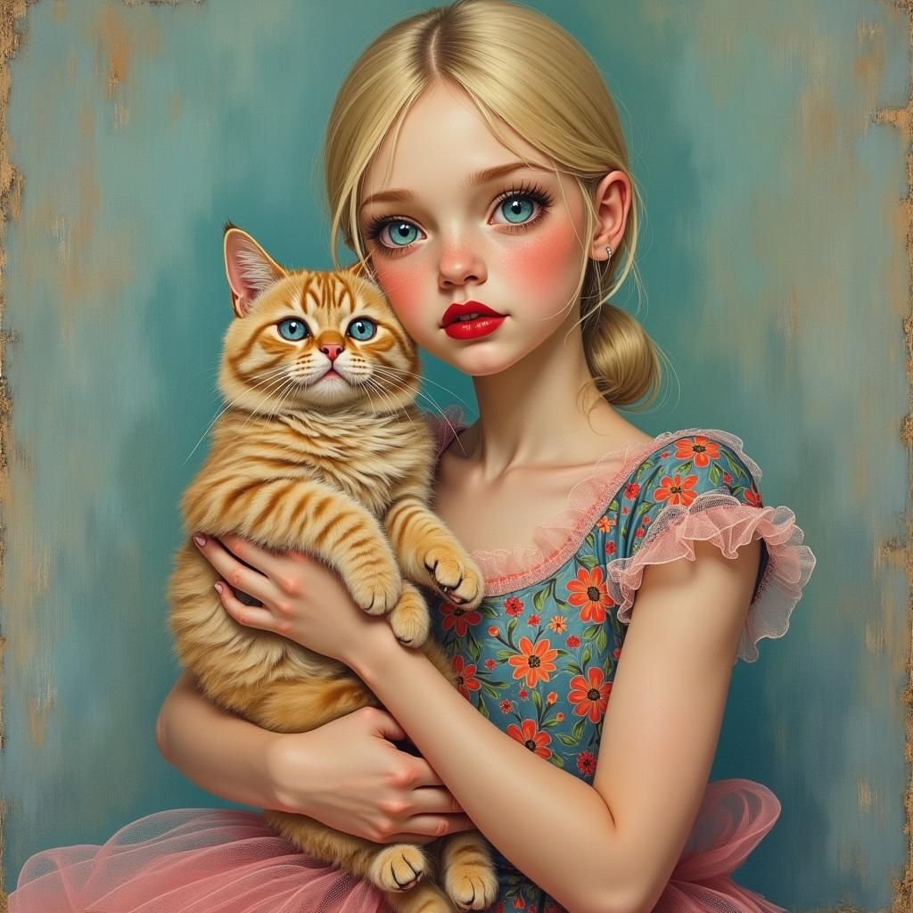 Blonde Woman with Cat in Impressionist Impasto Style