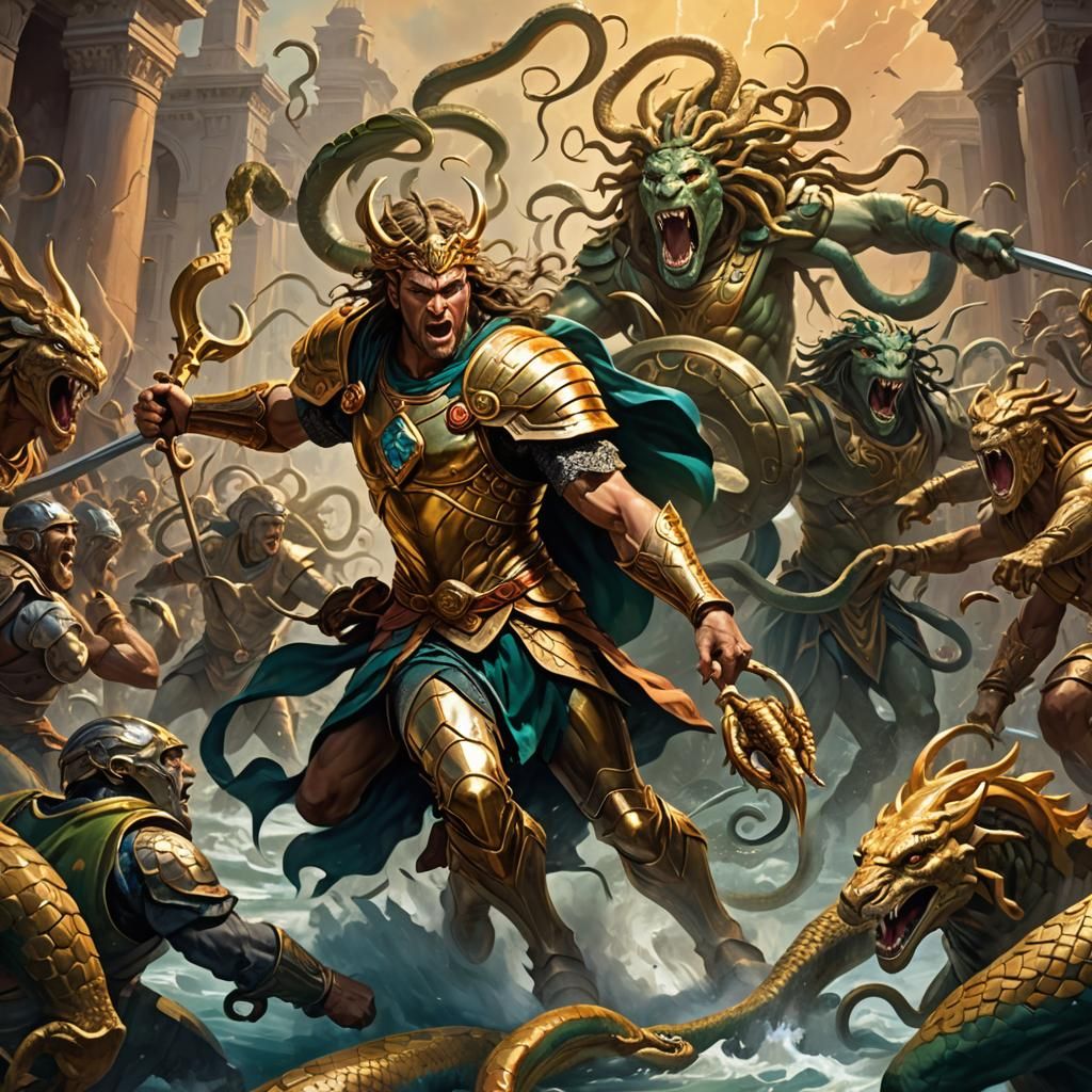 Wrath of Phineus: Mythological Battle in Oil Paint