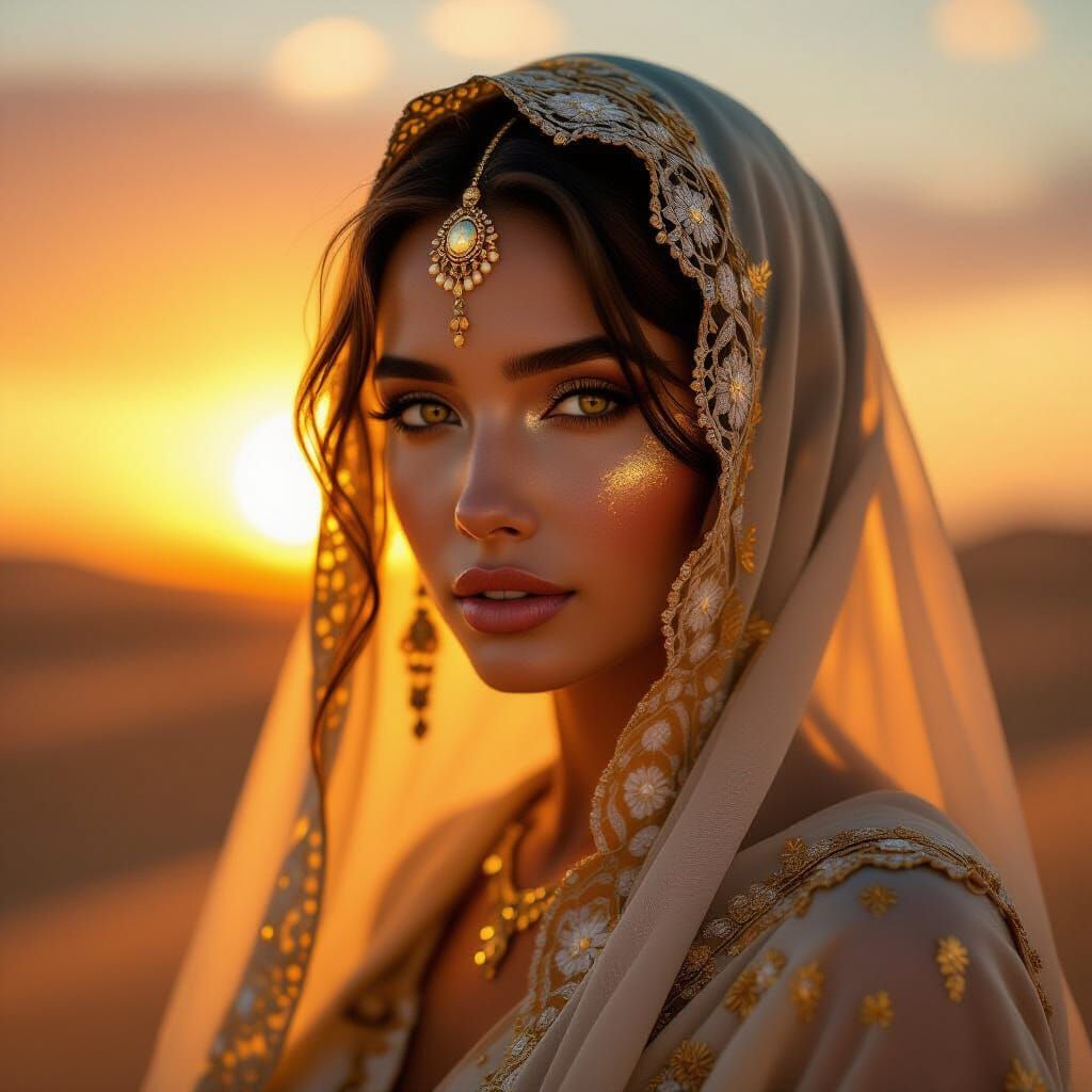 Mystical Woman in Desert Sunset: Hyperrealistic Portrait