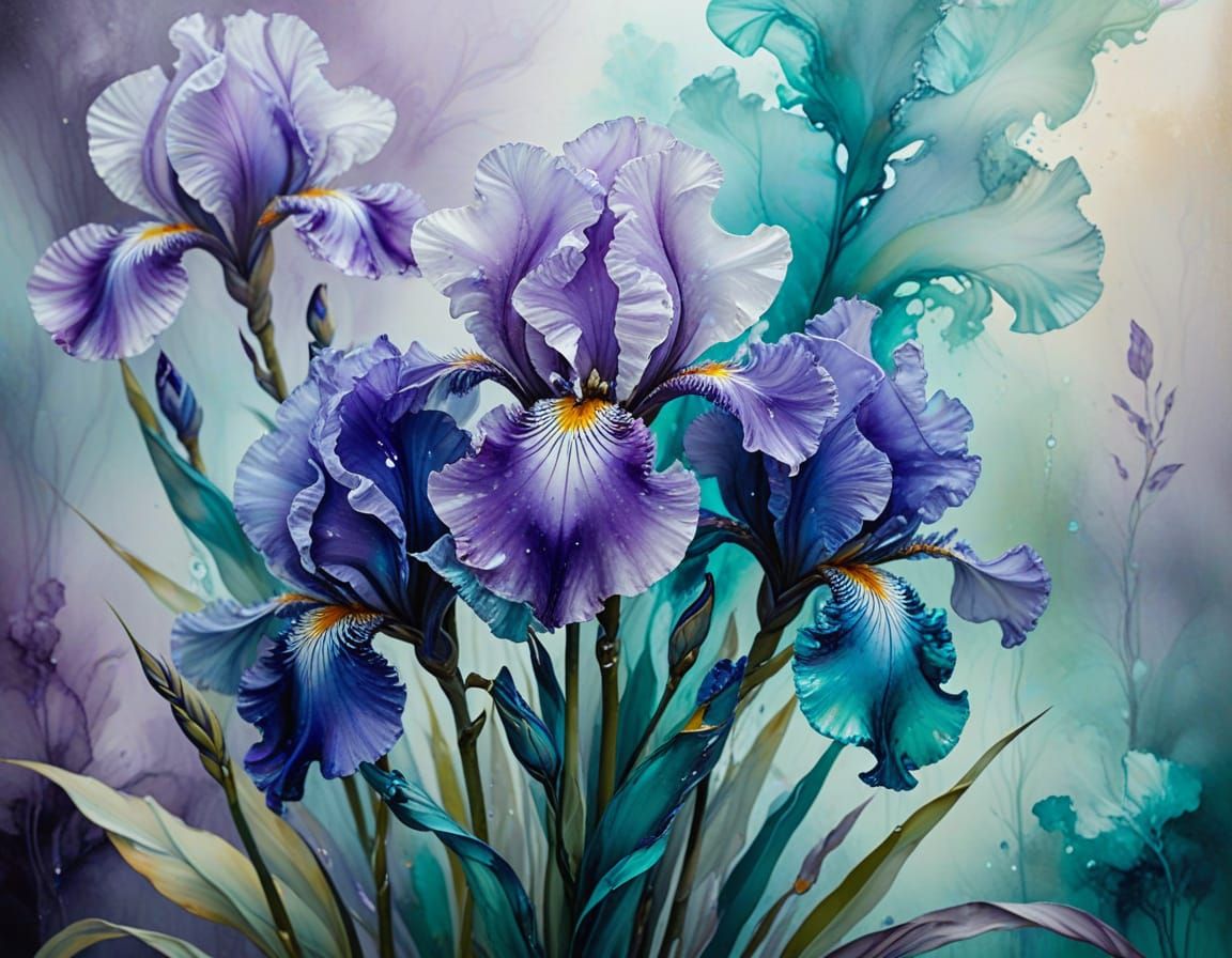 Serene Irises Bloom in Ethereal Alcohol Ink Style