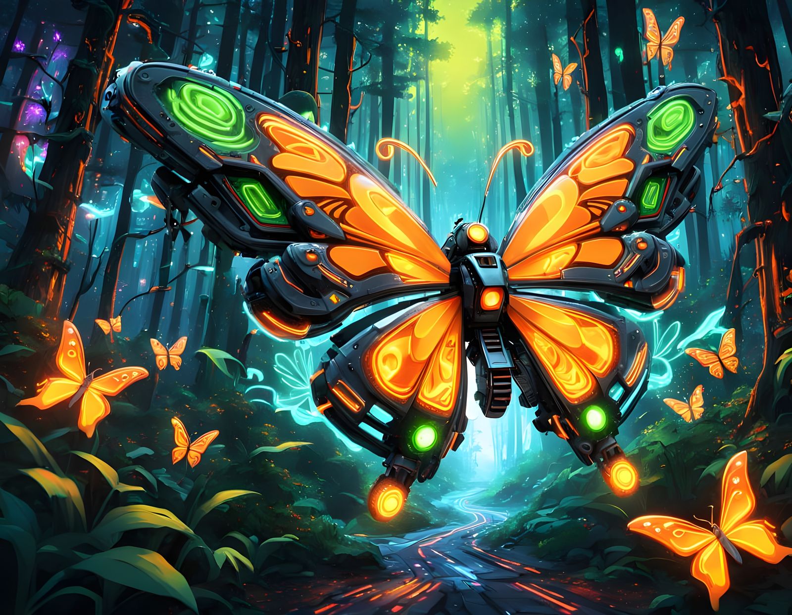 Neon Robotic Butterfly Flight in Graffiti Art Style