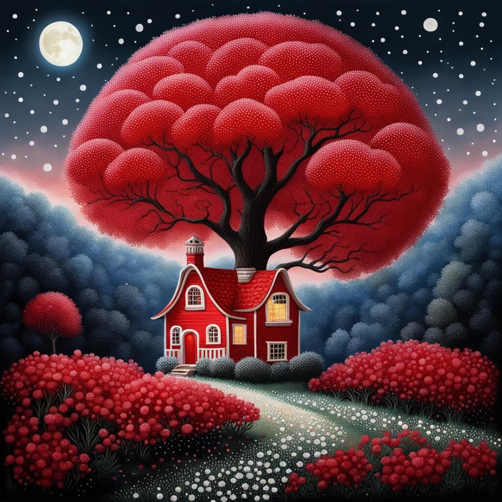 Pointillist Landscape with Red Tree and Fairy House