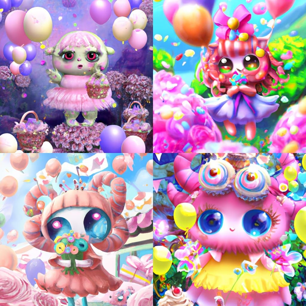 Cute Baby Monster with Flowers and Balloons